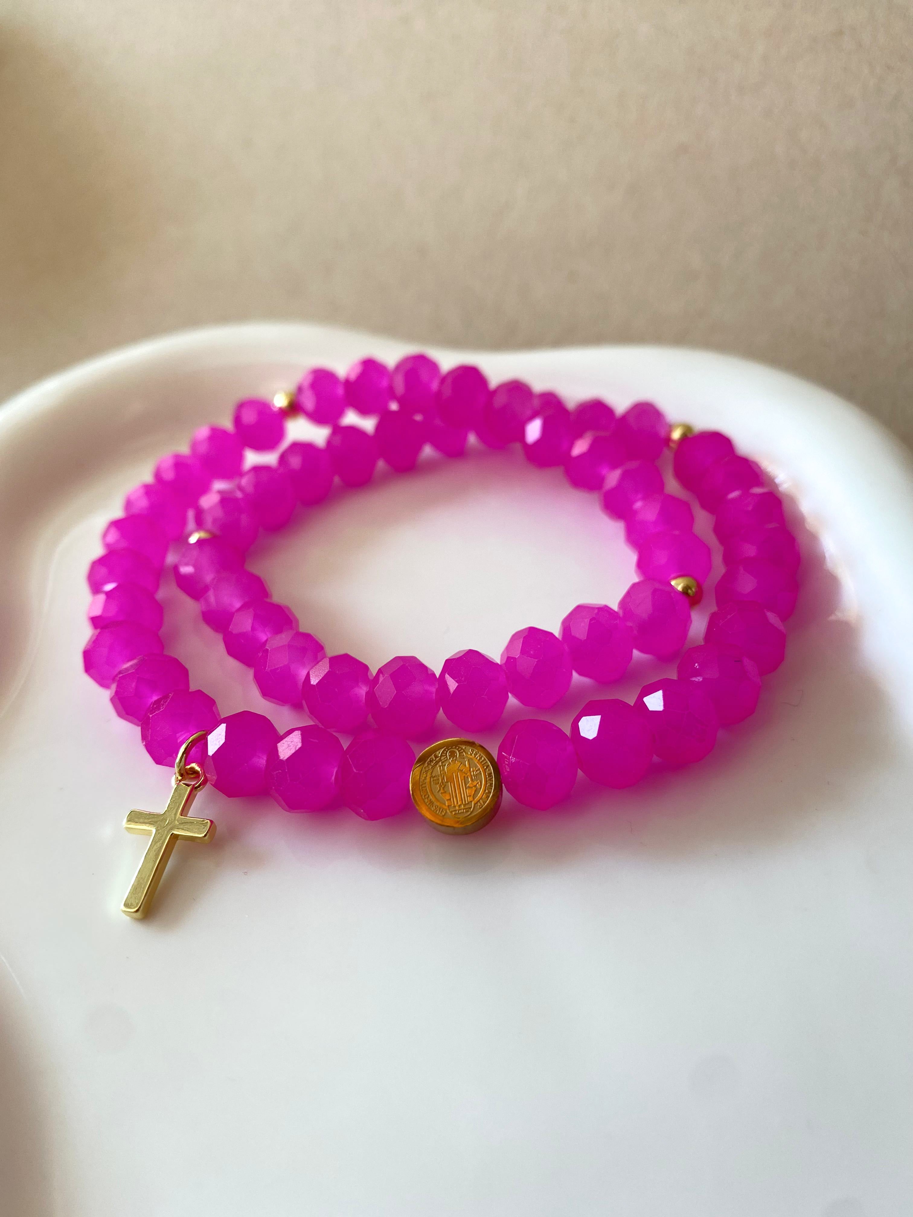 Rosary Style Pink and Orange Crystals Bracelets