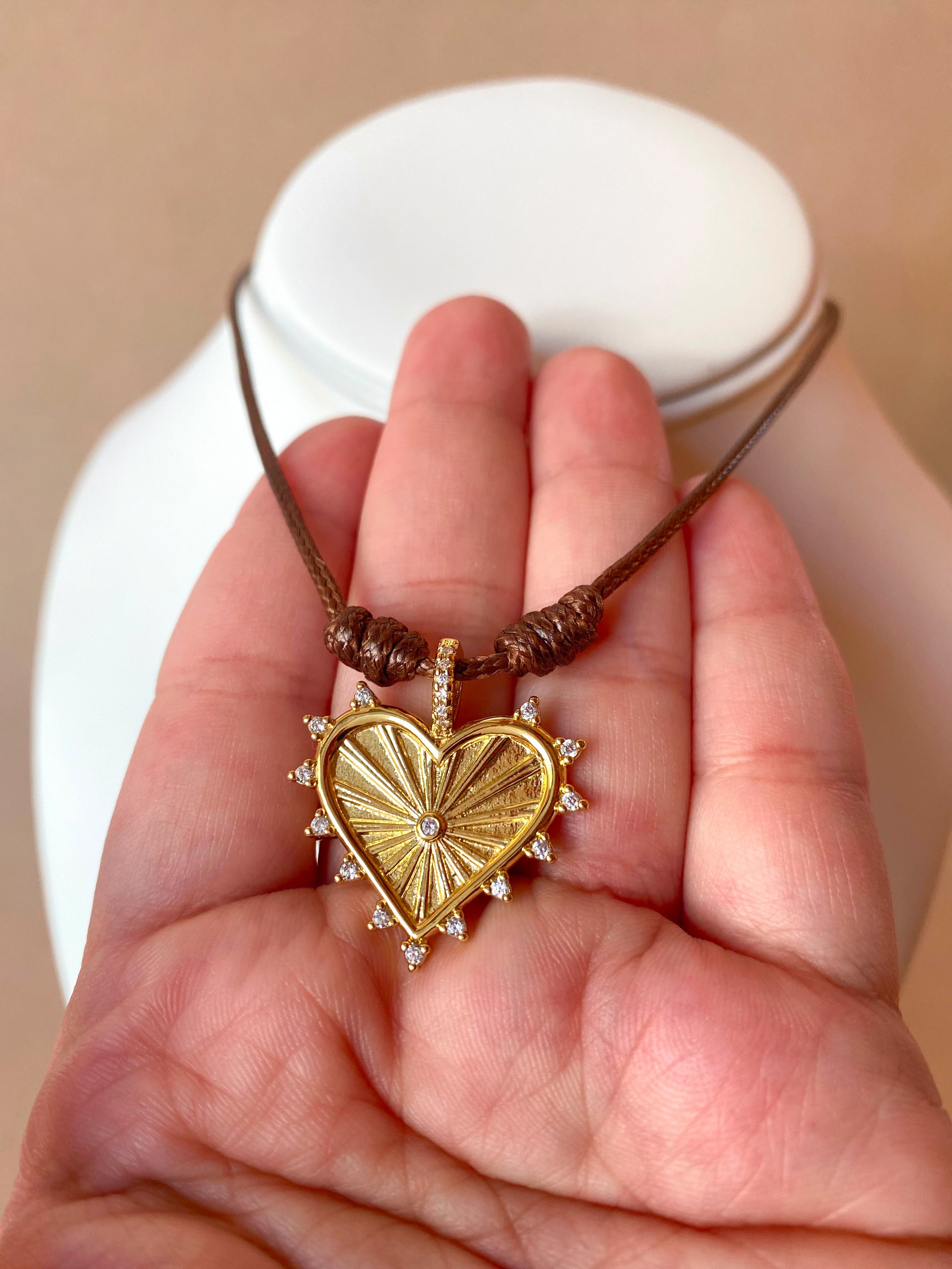 Golden Shiny Medium Heart Brown Leather Adjustable Necklace