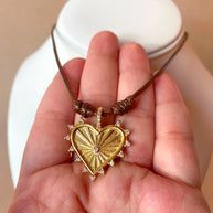 Golden Shiny Medium Heart Brown Leather Adjustable Necklace