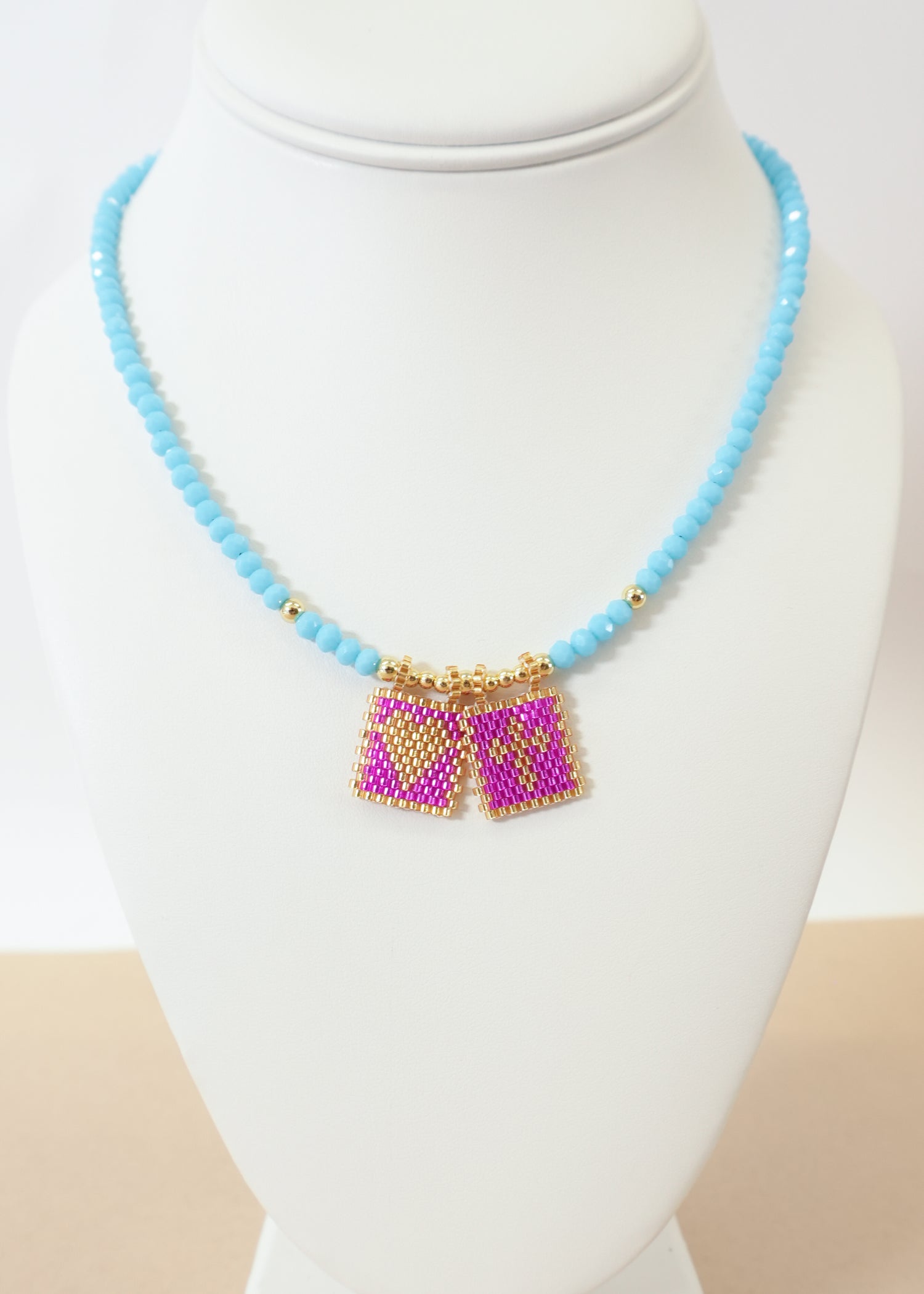 Blue Crystals Pink Scapular Necklace