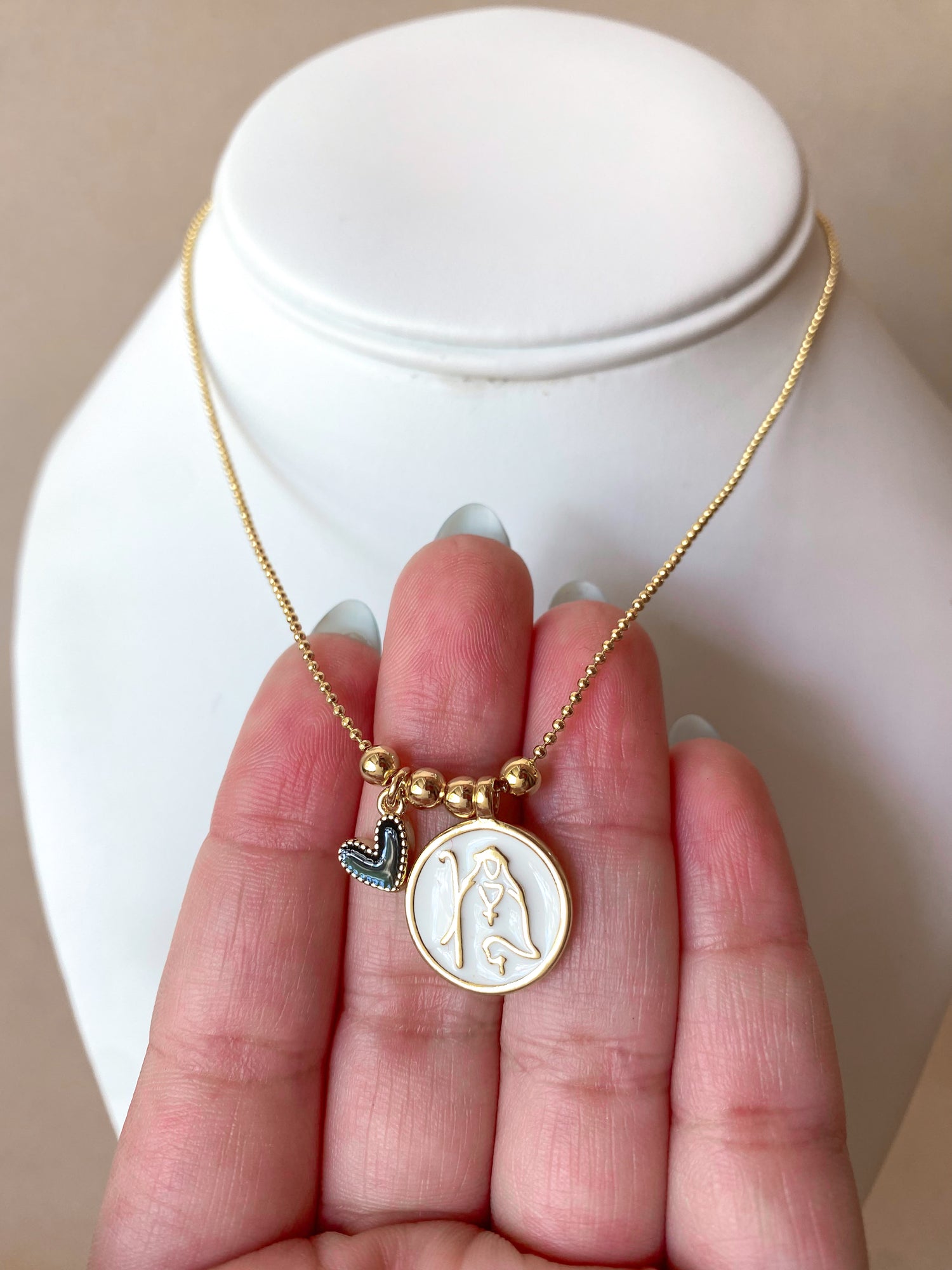 Virgin Divina Pastora and Black Heart Adjustable Necklace