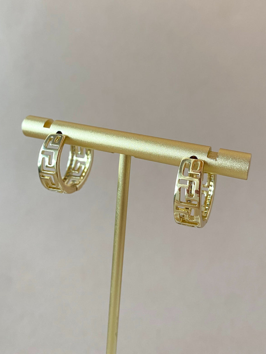 Greek Style Pattern Crystal Golden Hoops