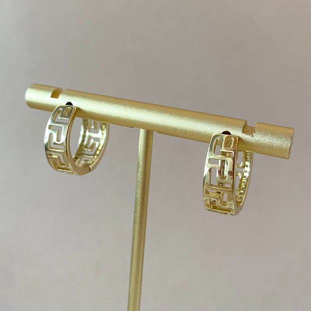Greek Style Pattern Crystal Golden Hoops