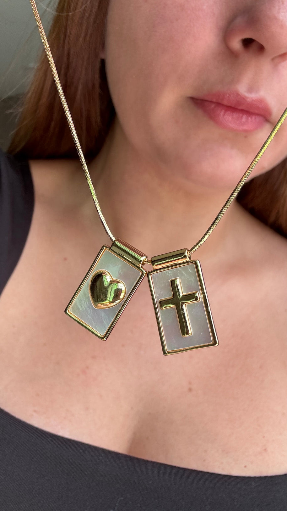 Cross and Heart Mother of Pearl Scapular Adjustable Necklace
