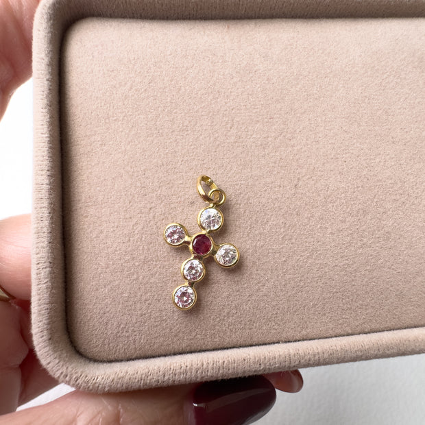 Zirconia Cross with Red Stone – 18K Gold (750)🇮🇹