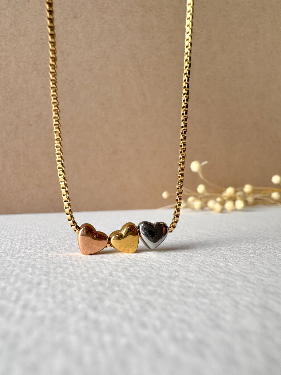 3 Gold Hearts Steel Necklace