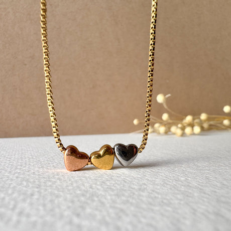 3 Gold Hearts Steel Necklace