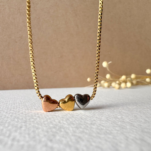 3 Gold Hearts Steel Necklace
