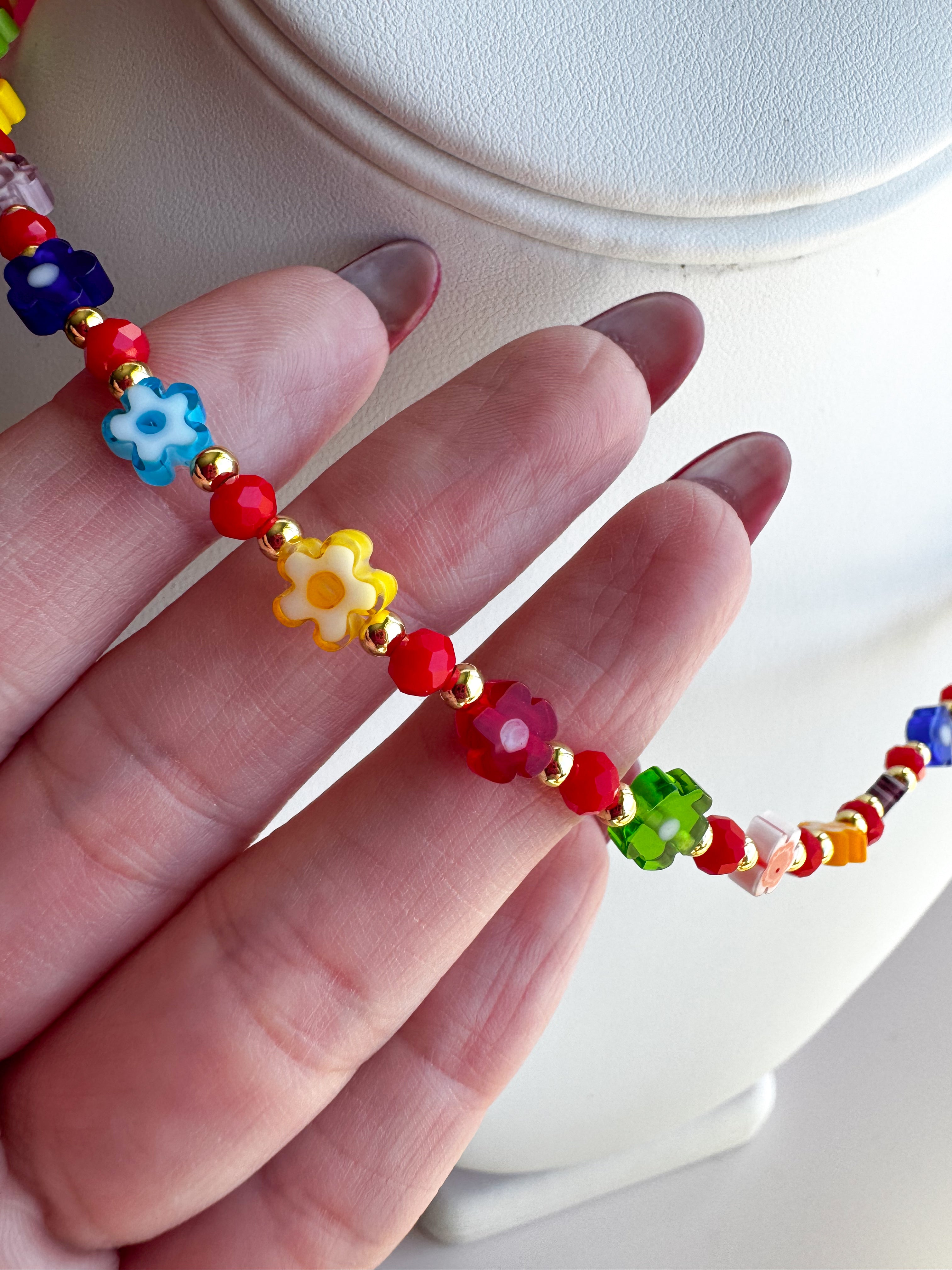 Cadena Flores Coloridas Beads Rojos