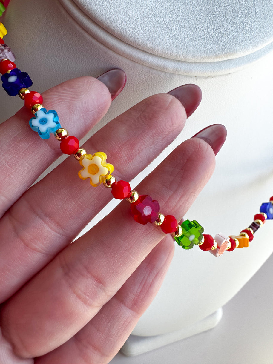 Cadena Flores Coloridas Beads Rojos