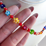 Cadena Flores Coloridas Beads Rojos
