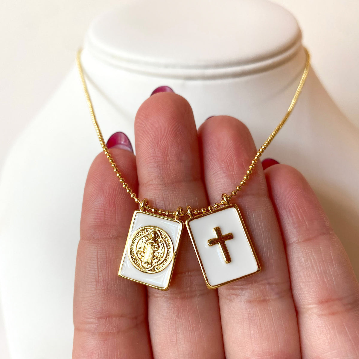 St Benedict and Cross White Scapular Adjustable Necklace