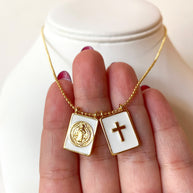 St Benedict and Cross White Scapular Adjustable Necklace