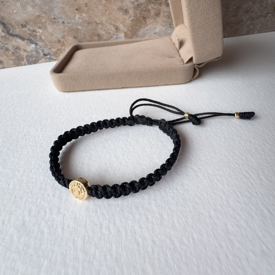 St. Benedict Solitary 18K Solid Gold Medal in Black String Bracelet