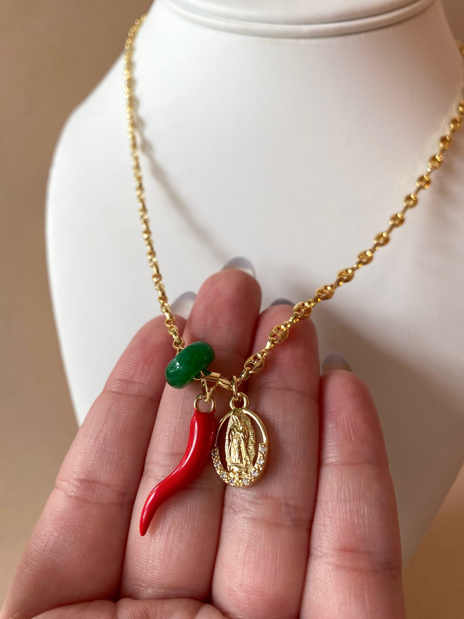 Guadalupe Virgin, Red Horn and Green Stone in Coffee Grain Necklace