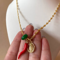 Guadalupe Virgin, Red Horn and Green Stone in Coffee Grain Necklace