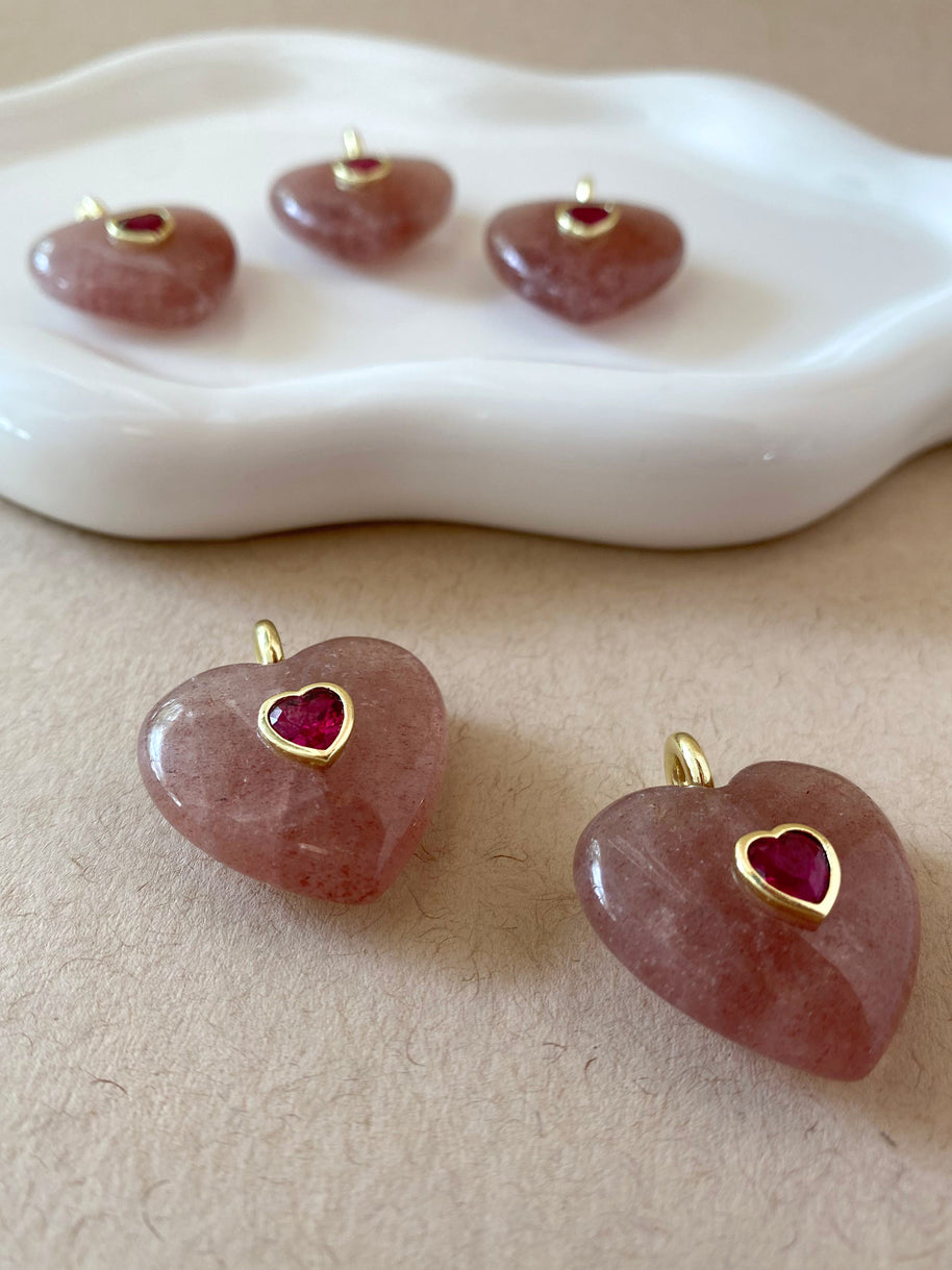 Strawberry Quartz Stone Heart Shape Charm