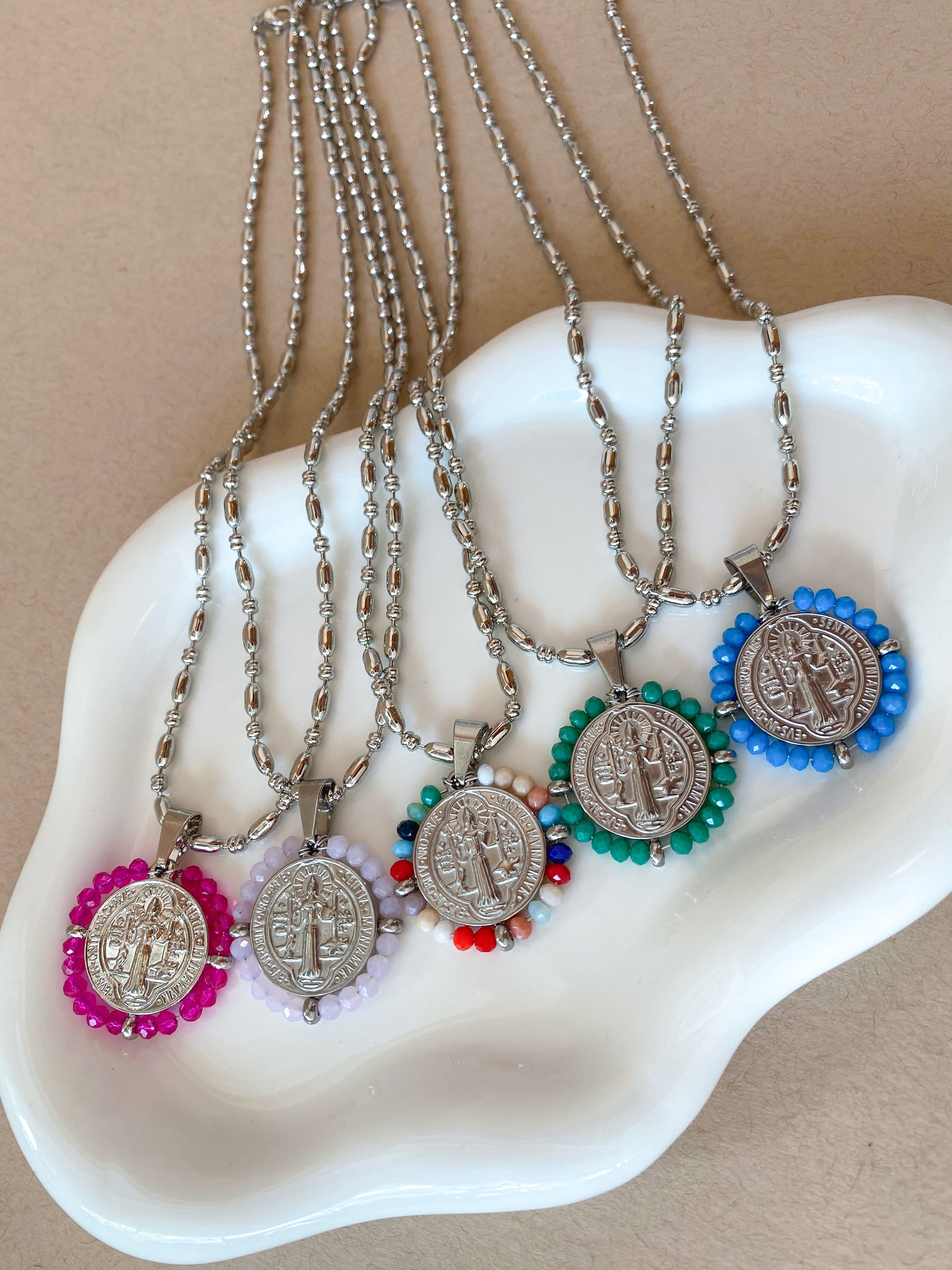 Silver St. Benedict Crystal Medal Necklaces