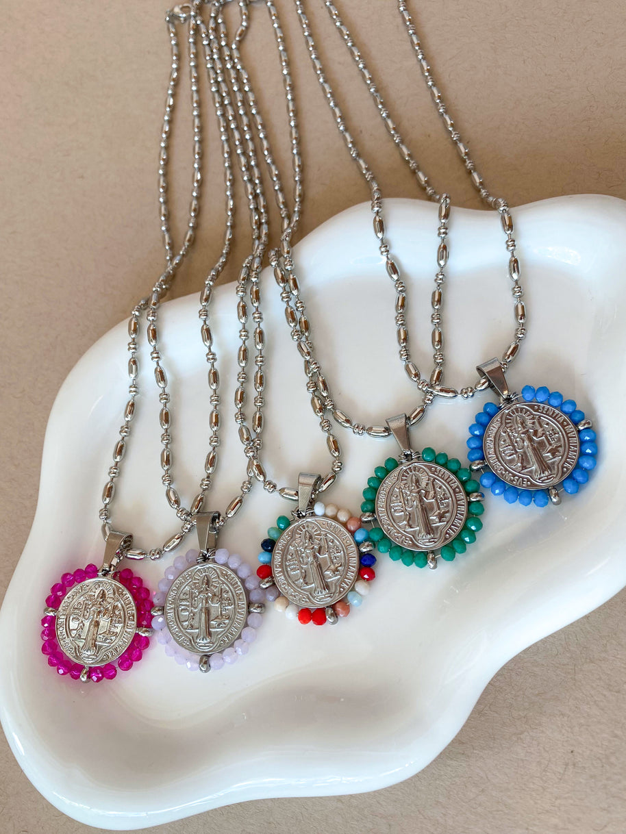 Silver St. Benedict Crystal Medal Necklaces