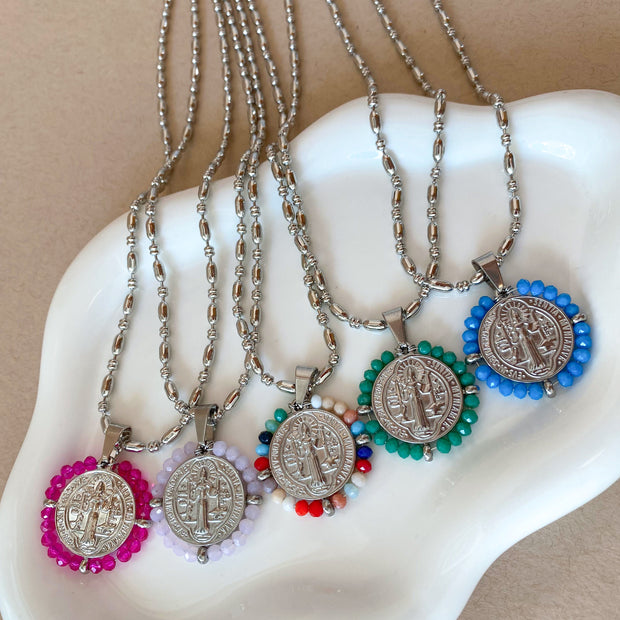 Silver St. Benedict Crystal Medal Necklaces