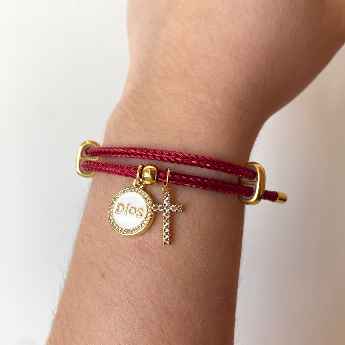 White Dios and Zircon Cross in Red Cord Adjustable Bracelet
