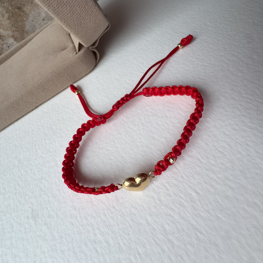 BomBom Heart 18K Solid Gold in Red String Bracelet