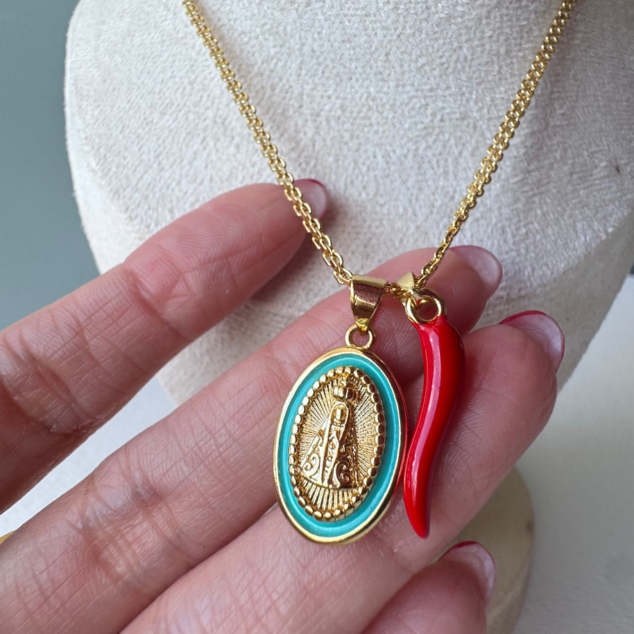 Virgin of the Valley Red Horn Chinese Fabric Chain Necklace