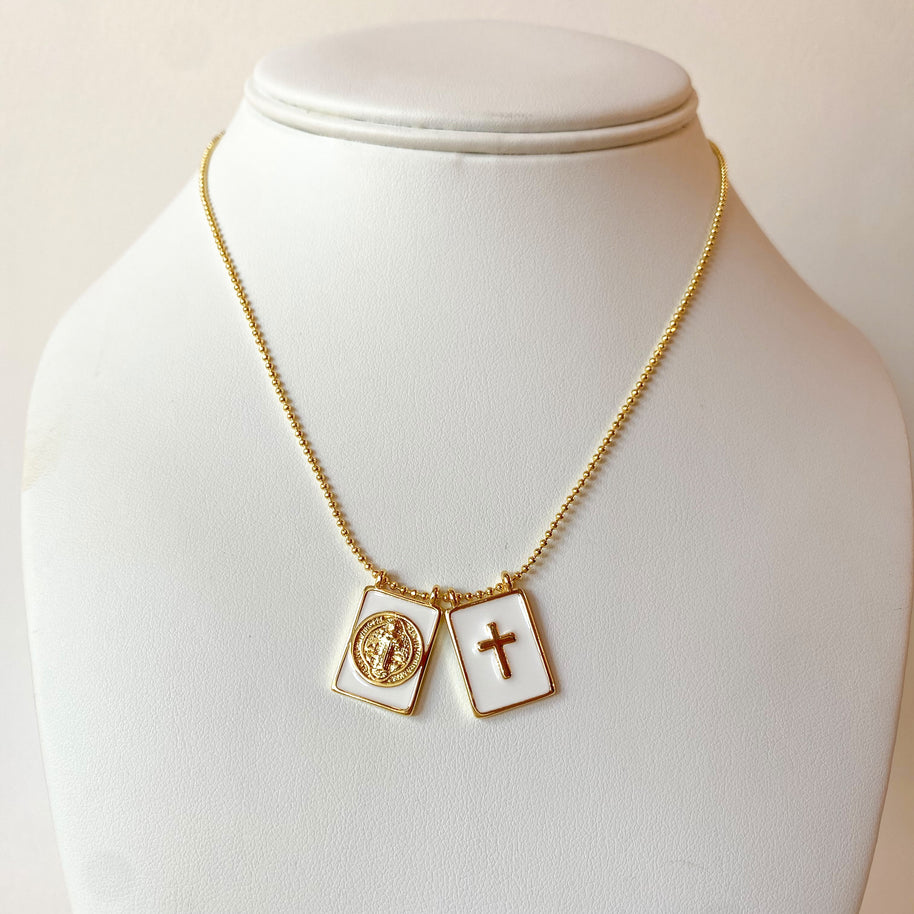 St Benedict and Cross White Scapular Adjustable Necklace