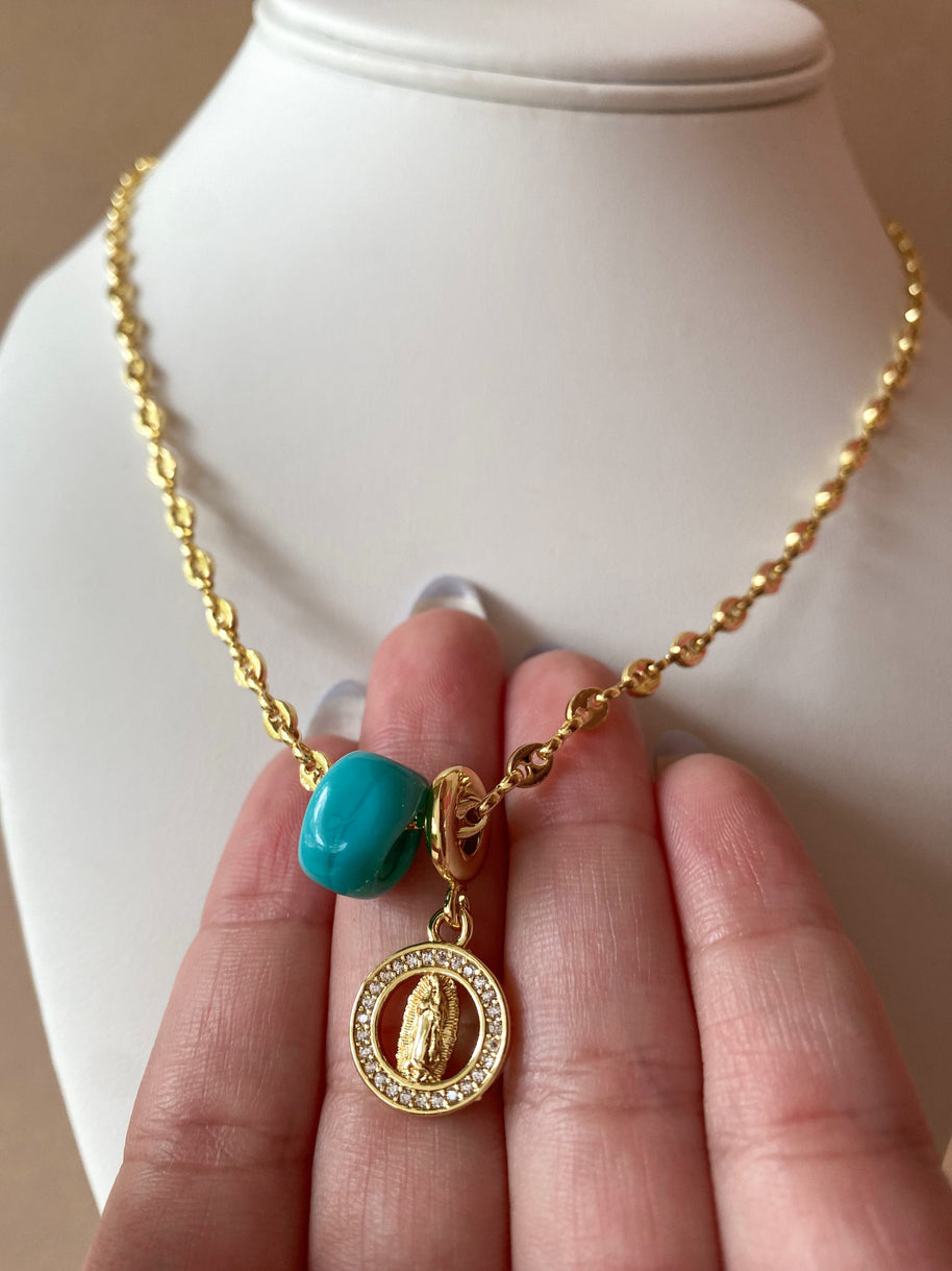 Blue Turkish and Guadalupe Virgin in Coffee Grain Necklace