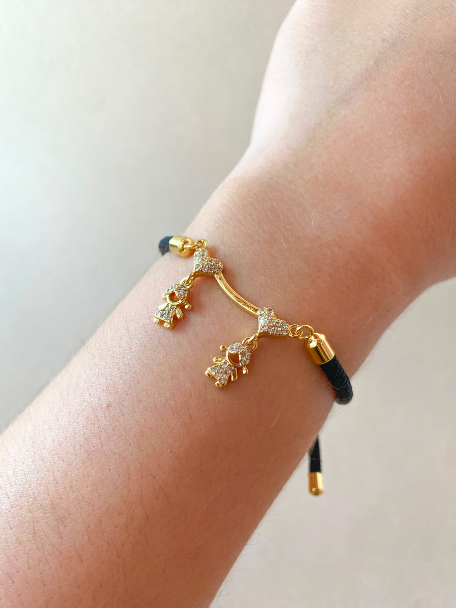 2 Shiny Girls and Heart Black Adjustable Bracelet