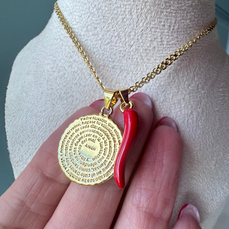 Our Father and Red Horn Chinese Fabric Chain Necklace
