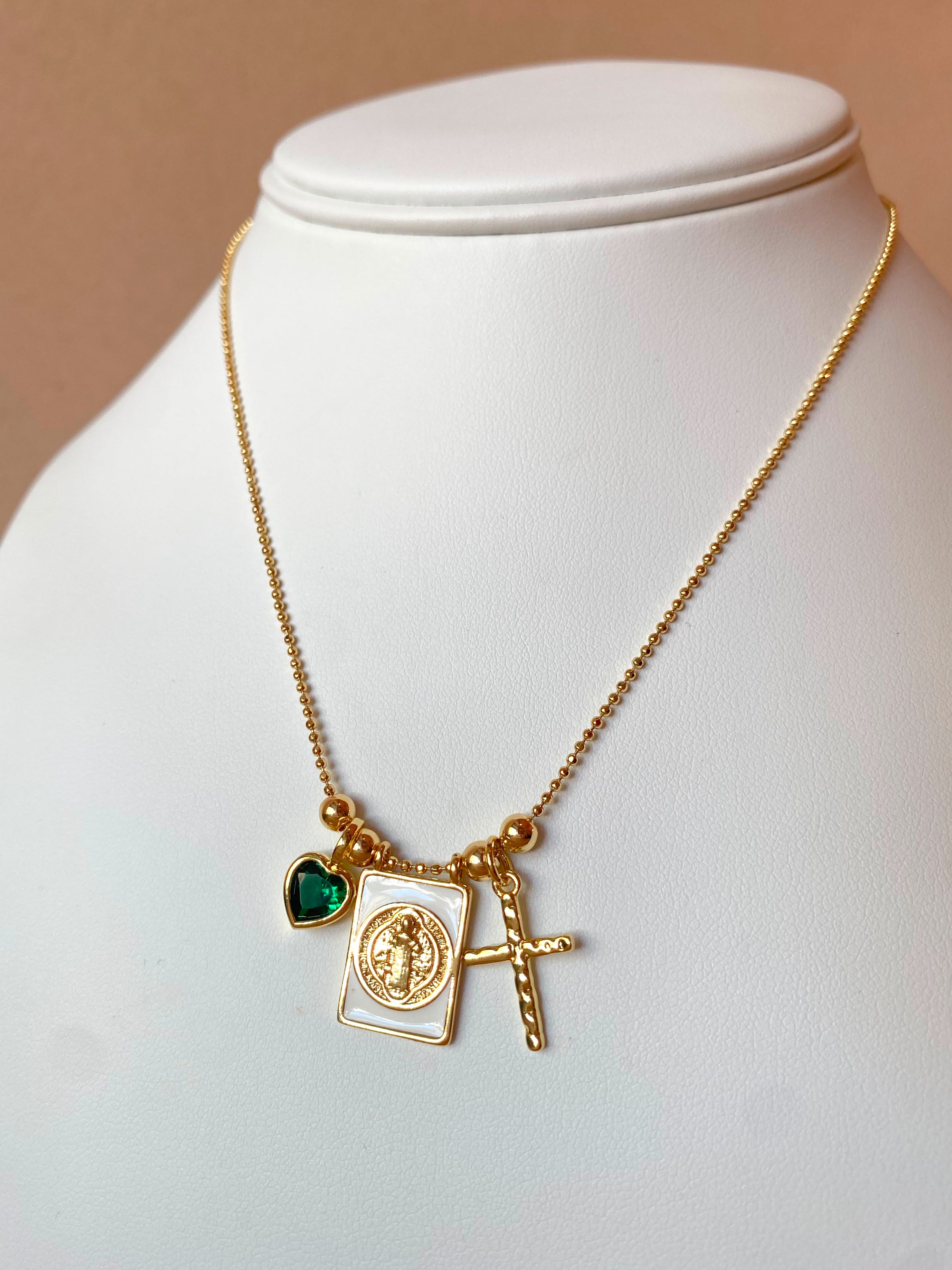 St Benedict Green Heart and Cross Adjustable Scapular Necklace