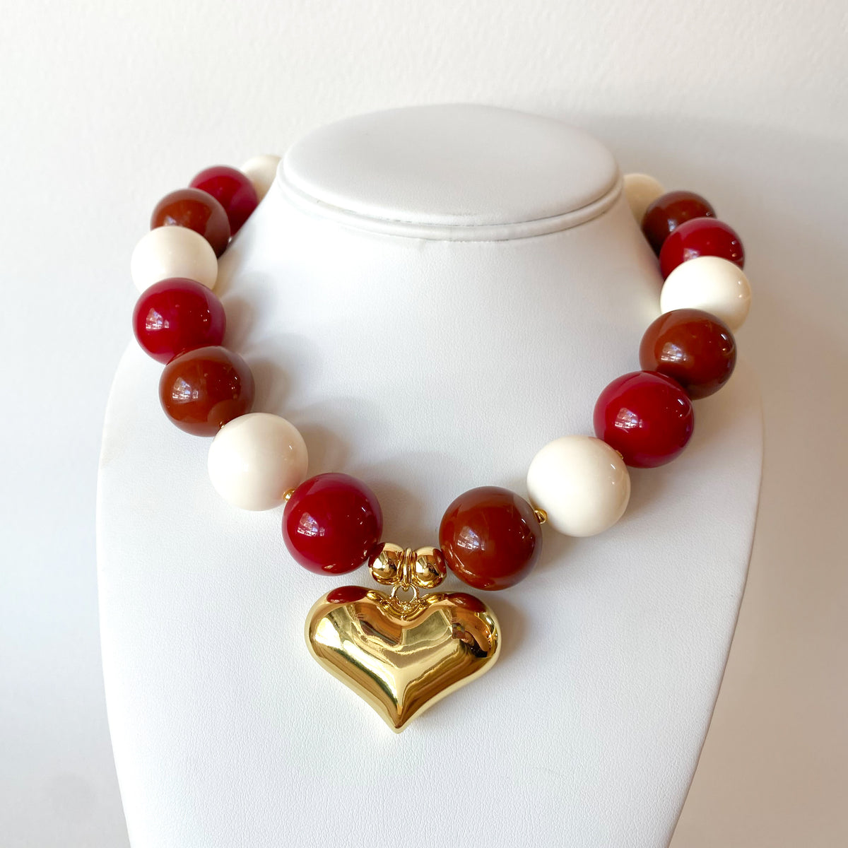 Red Wine, Brown and White Big Acrylic Beads with Golden Heart Necklace
