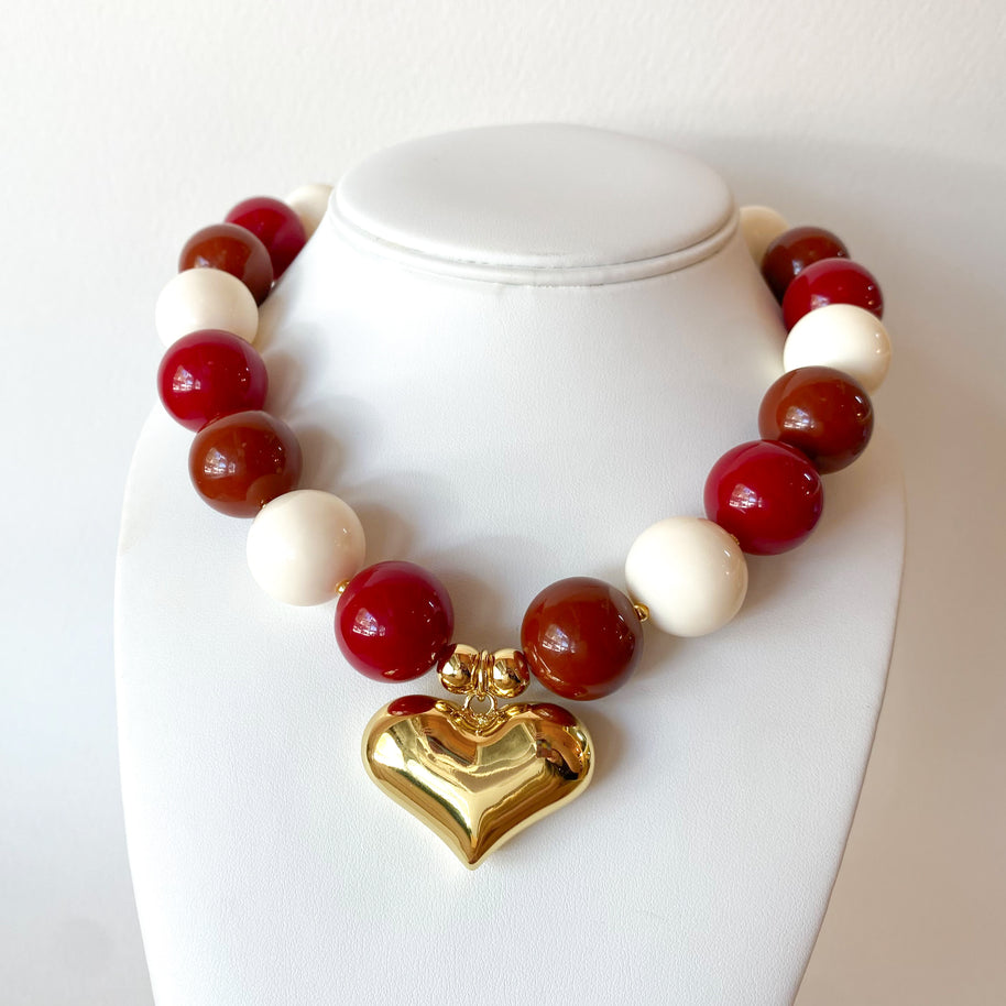 Red Wine, Brown and White Big Acrylic Beads with Golden Heart Necklace