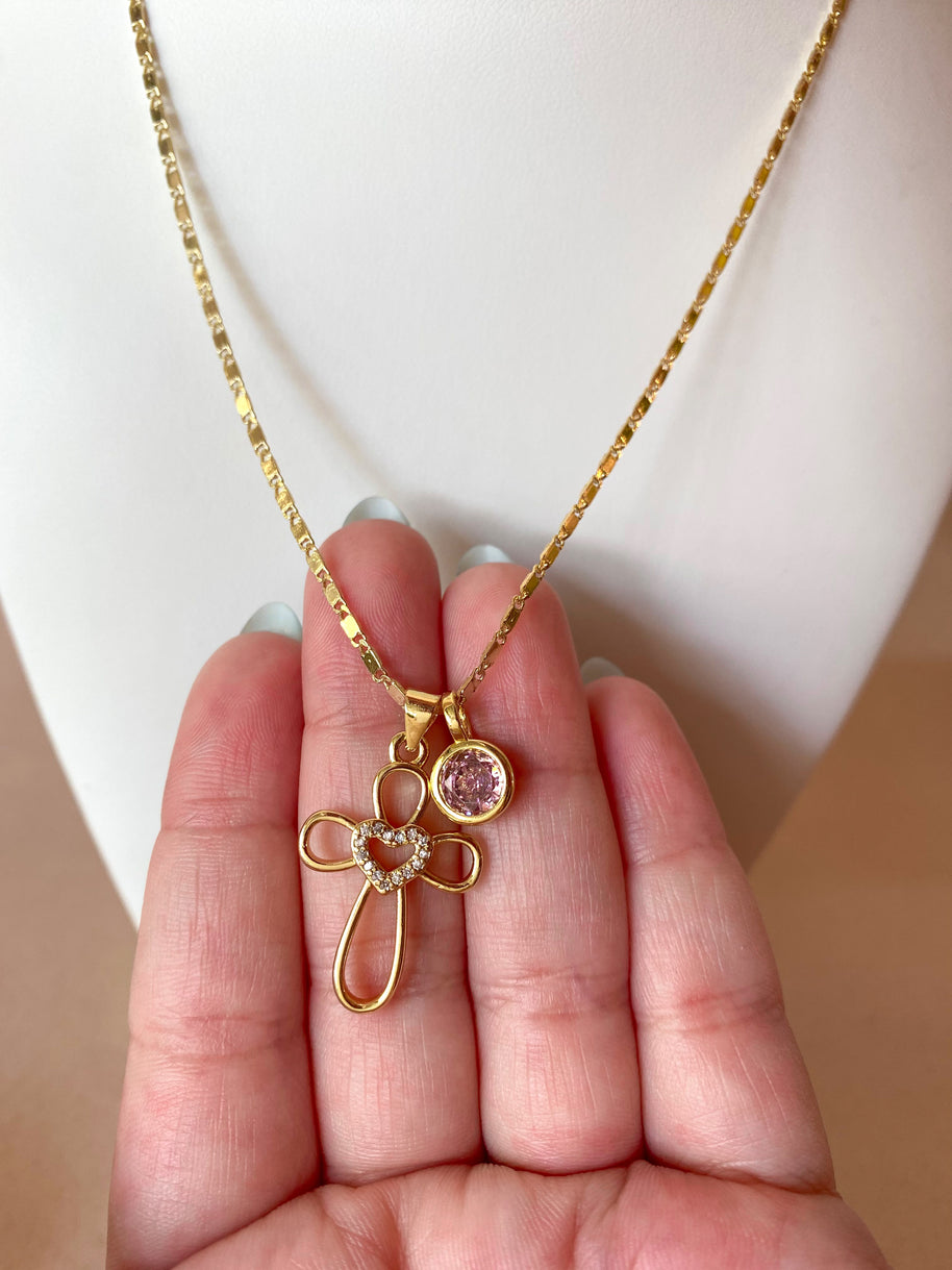Cross and Pink Crystal Necklace