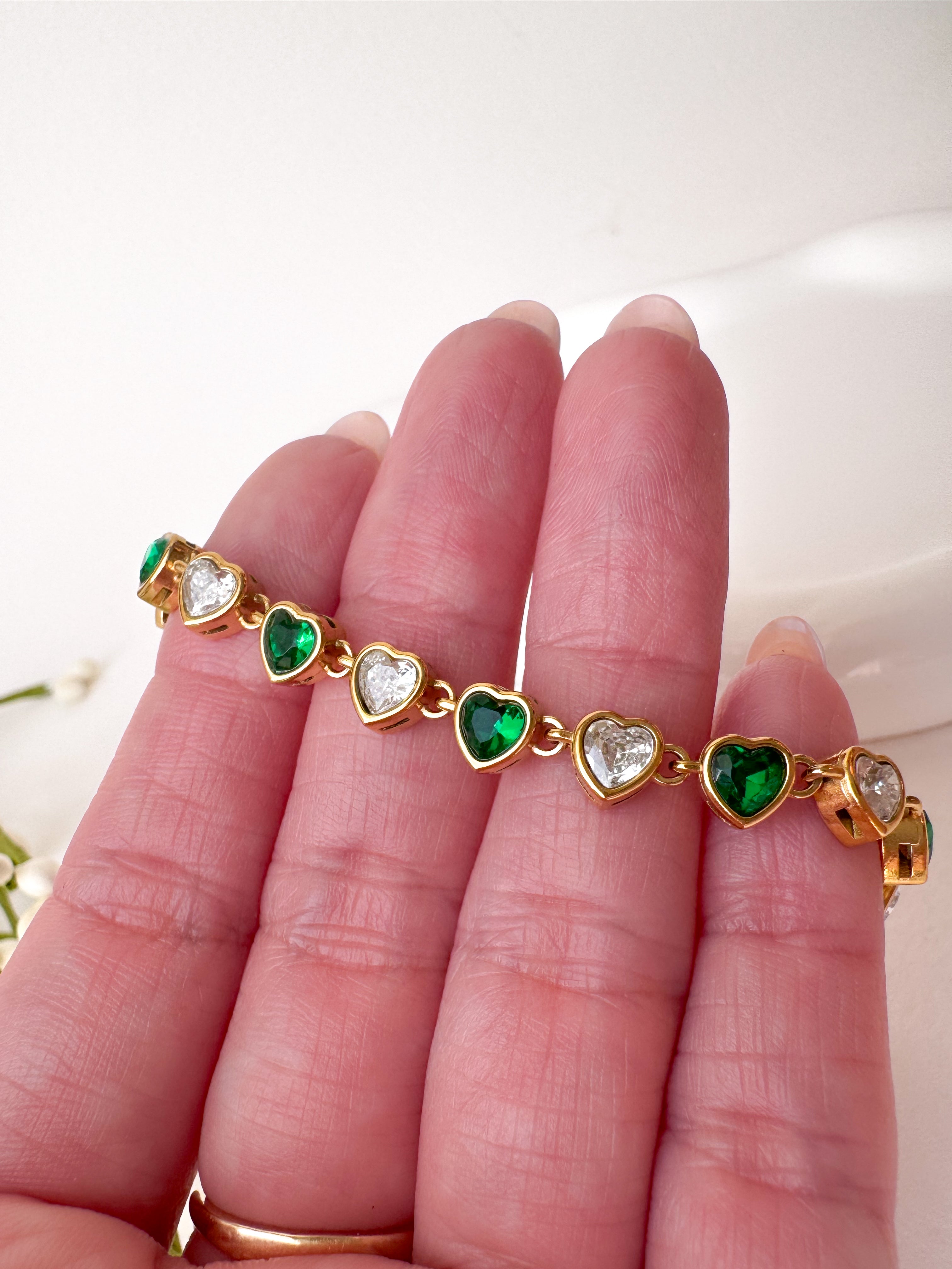 White & Green Hearts Crystal Shape Steel Golden Bracelet