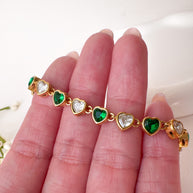 White & Green Hearts Crystal Shape Steel Golden Bracelet