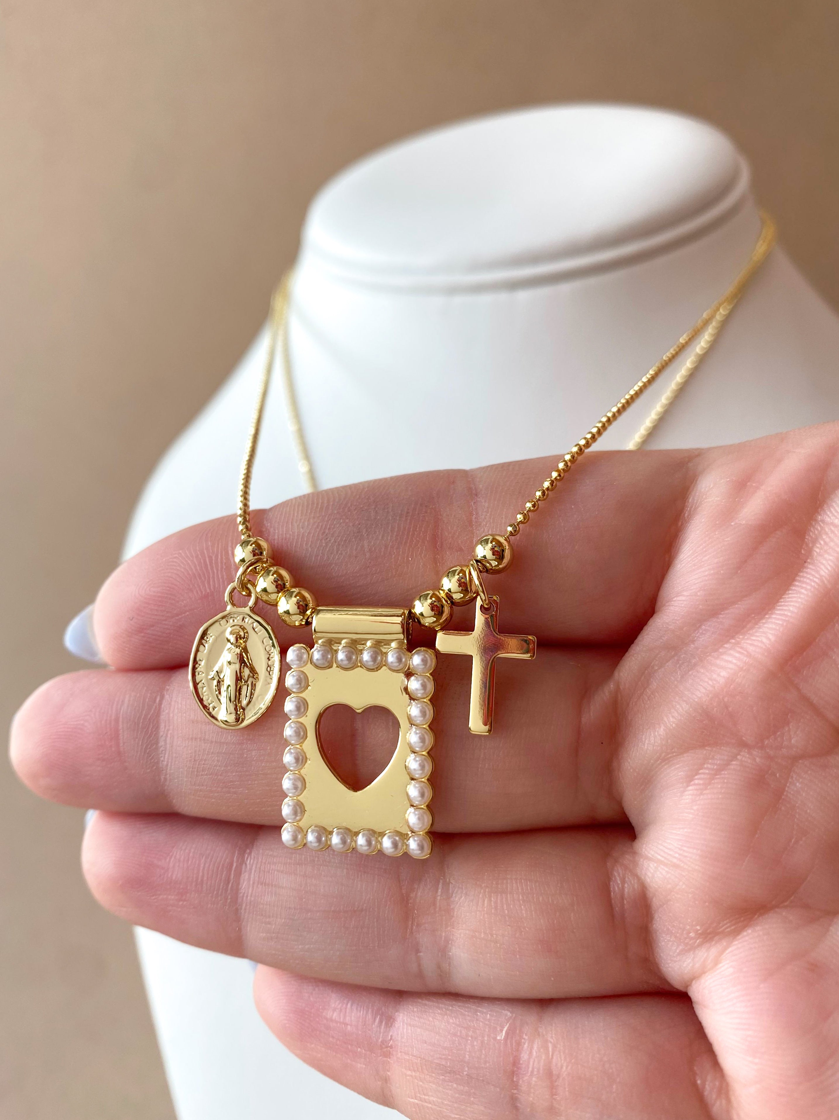 Golden Miracle Virgin Heart & Cross Scapular Necklace