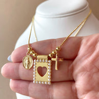 Golden Miracle Virgin Heart & Cross Scapular Necklace