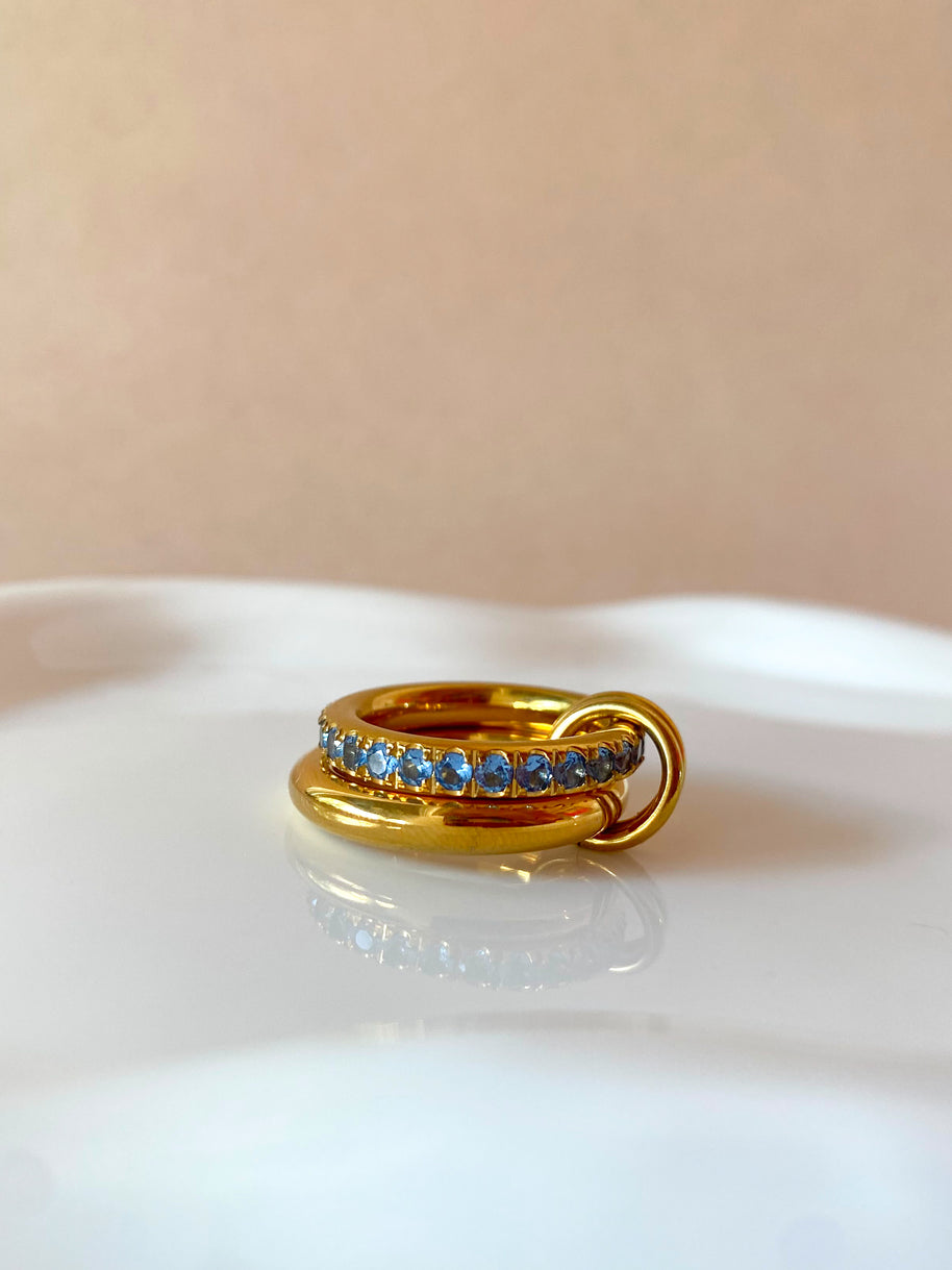 Double Golden and Blue Crystals Steel Ring