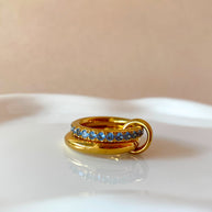 Double Golden and Blue Crystals Steel Ring
