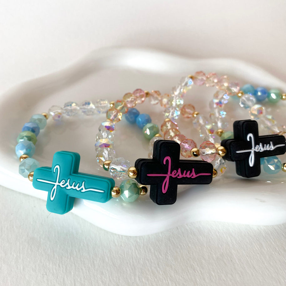 Colorful Jesus Cross Crystal Elastic Bracelets
