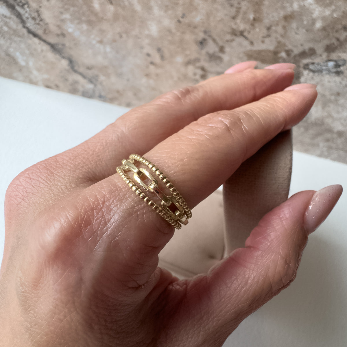 Beaded Links Italy Triple 18k Solid Gold Ring