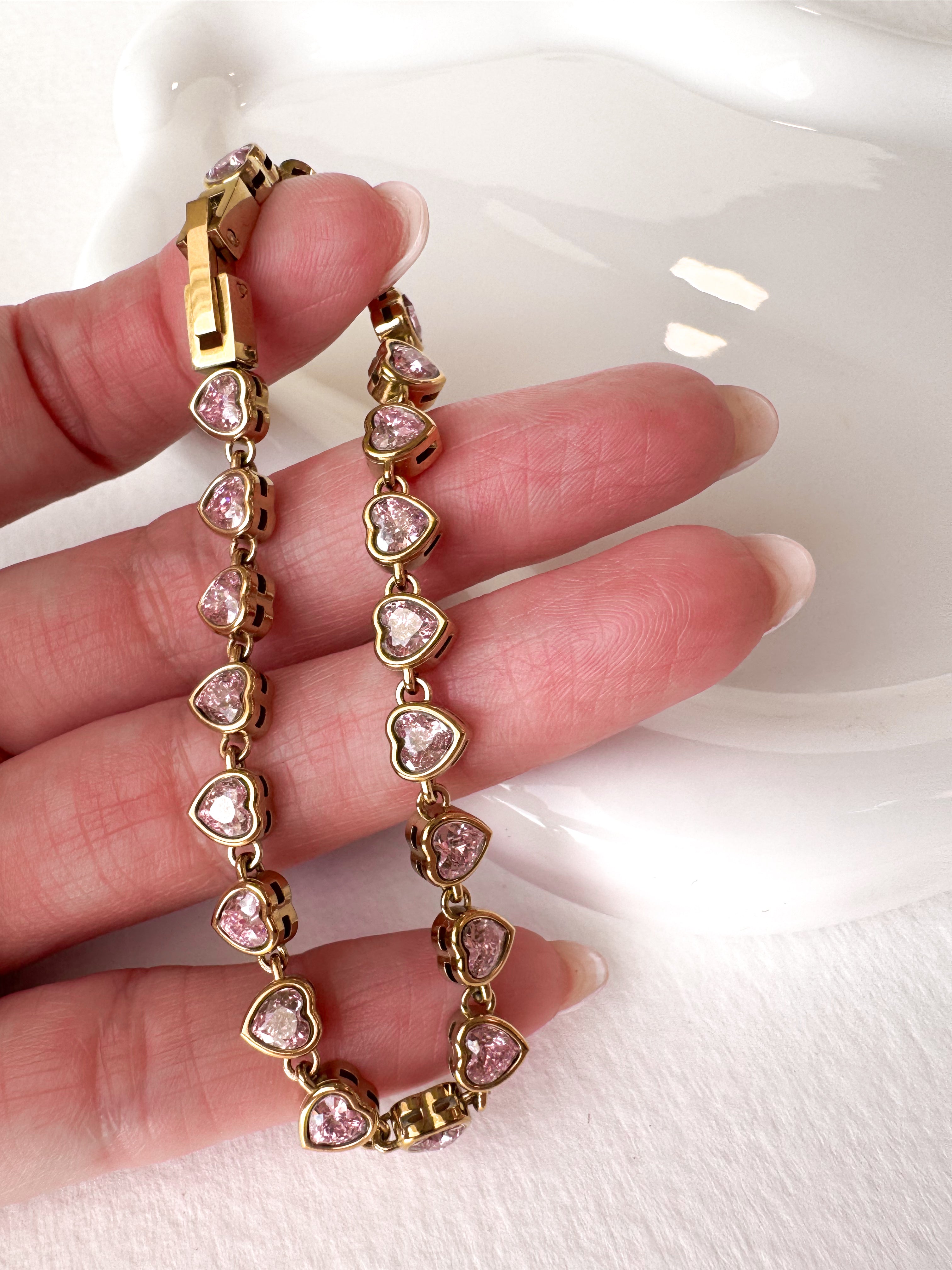 Golden & Pink Little Hearts Pattern Steel Bracelet