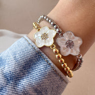 White Flowers Silver & Gold Elastic Bracelets