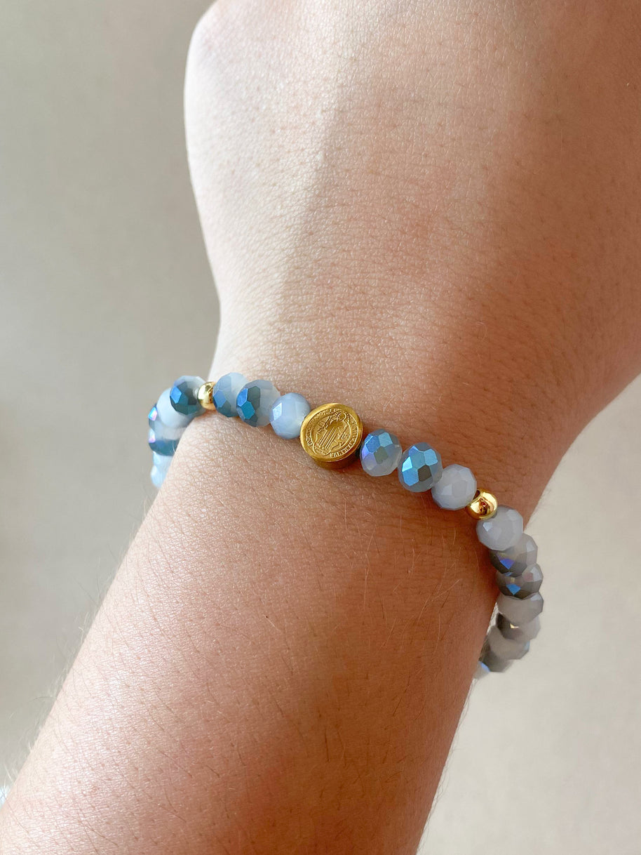Elastic Crystal Blue, Turquoise and Brown Steel St. Benedict Bracelets