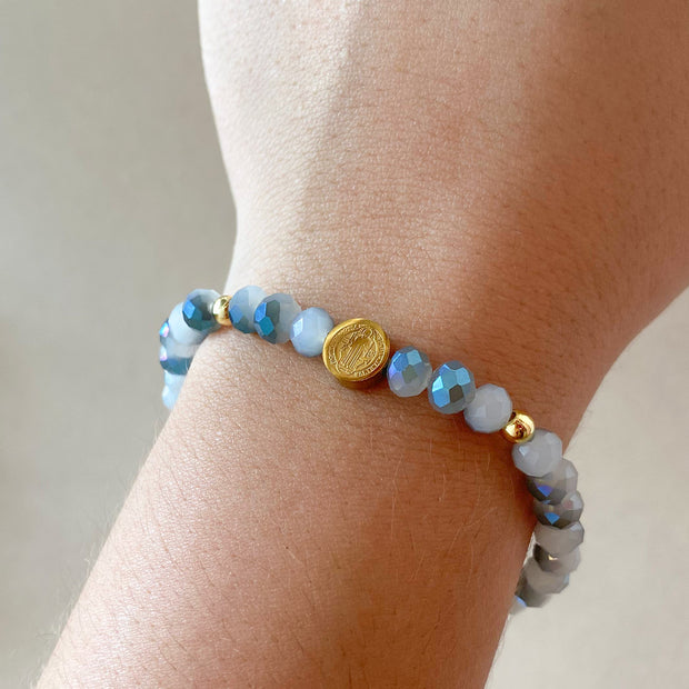 Elastic Crystal Blue, Turquoise and Brown Steel St. Benedict Bracelets