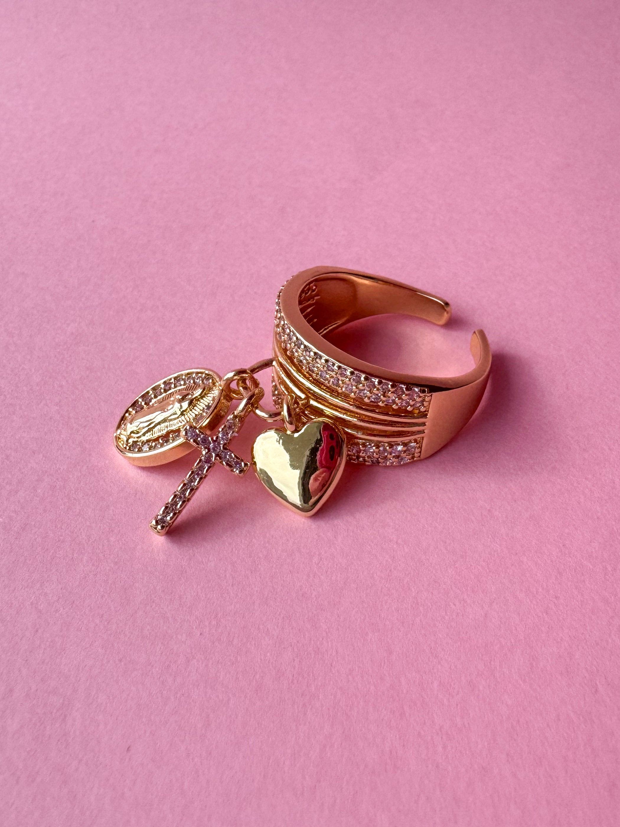Guadalupe Style Cross and Heart Ring