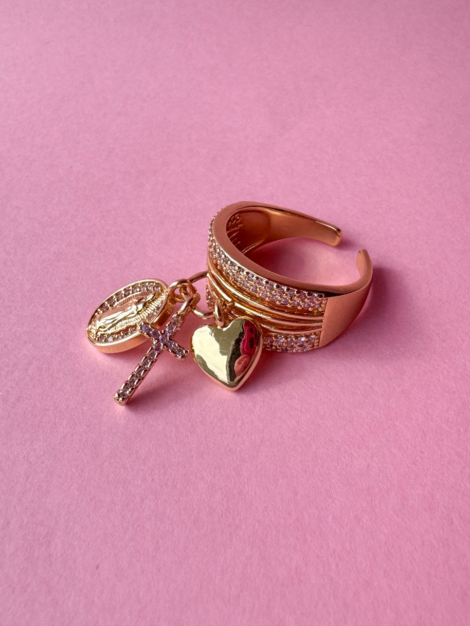 Guadalupe Style Cross and Heart Ring