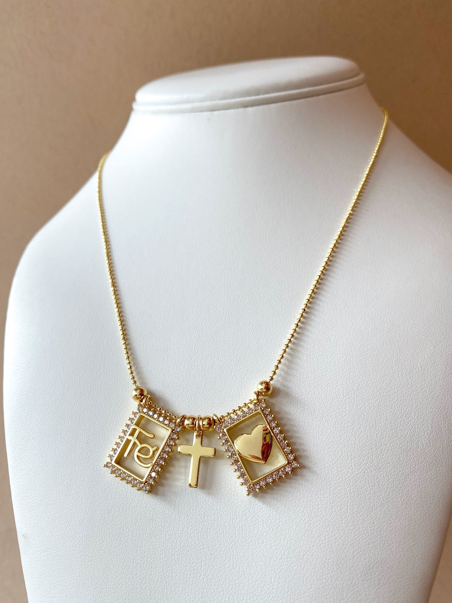 Golden Crystal Faith, Cross & Heart Scapular Necklace